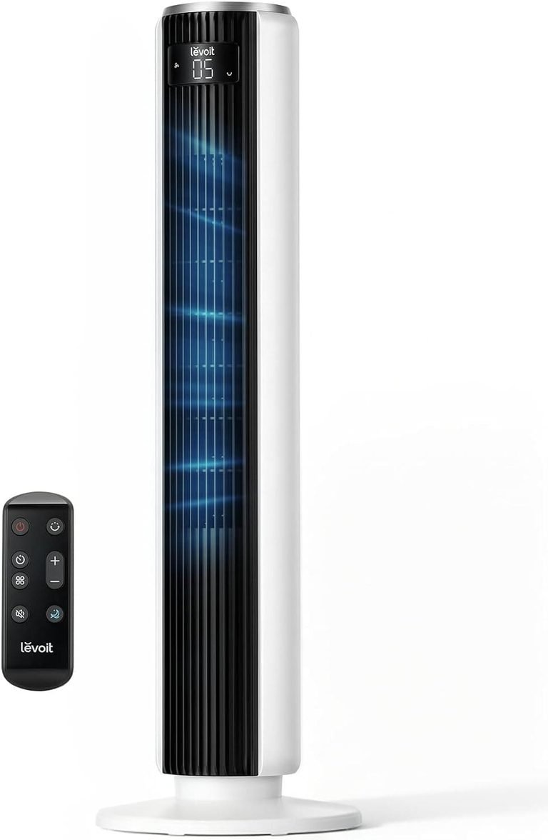 Levoit Ventilador de torre para dormitorio,Ventilador de piso de pie para habitación, oscilación de 90°, 5 velocidades, 28 pies/s, 4 modos y sensor de temperatura, sin aspas